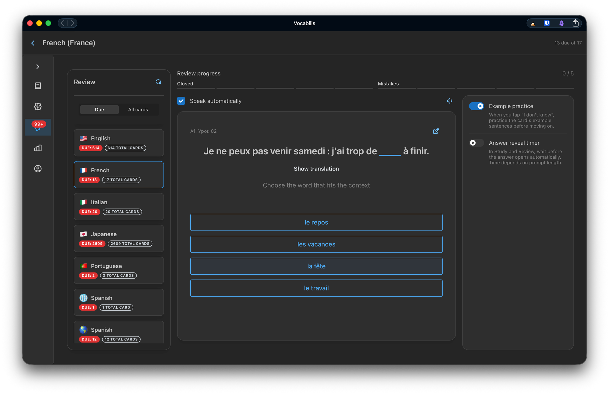 Vocabilis contextual French review with the translation hidden and available through a Show translation control.